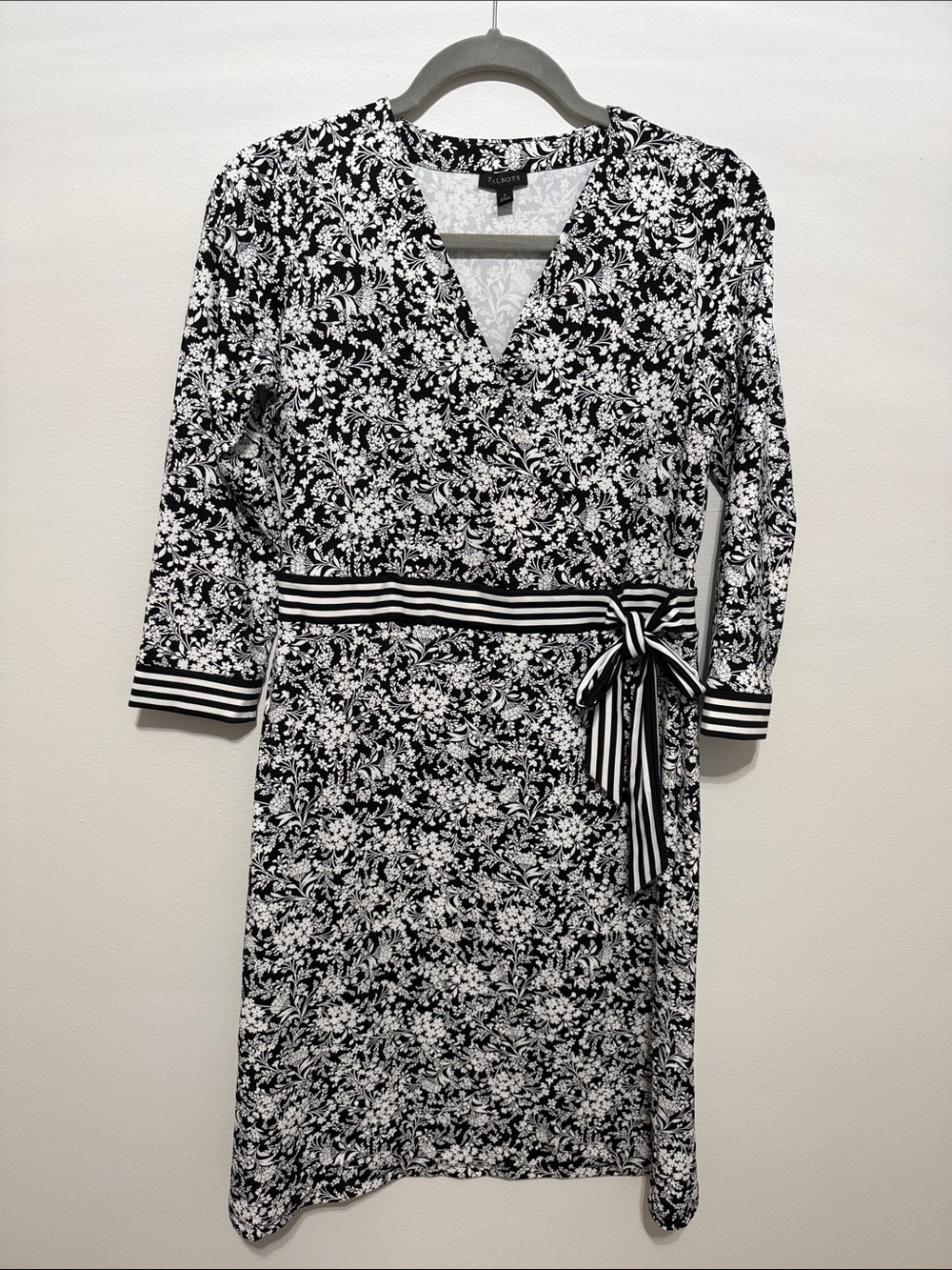 Talbots Black & White Floral Wrap-Style Dress with Striped Tie